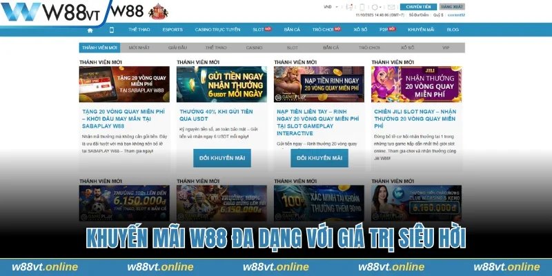 Khuyến mãi W88 đa dạng với giá trị siêu hời